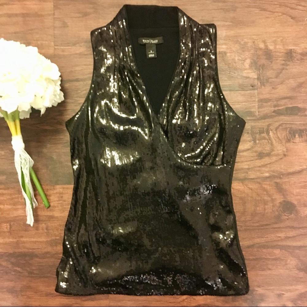WHBM Black Sequin Sleeveless Blouse Top size S